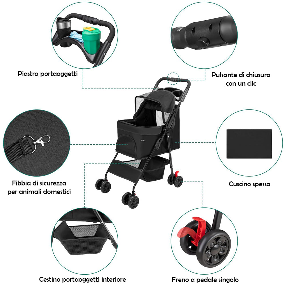 Passeggino per Cani e Gatti Carrozzina Animali Domestici Pieghevole Nero 30Kg