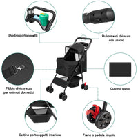Passeggino per Cani e Gatti Carrozzina Animali Domestici Pieghevole Nero 30Kg