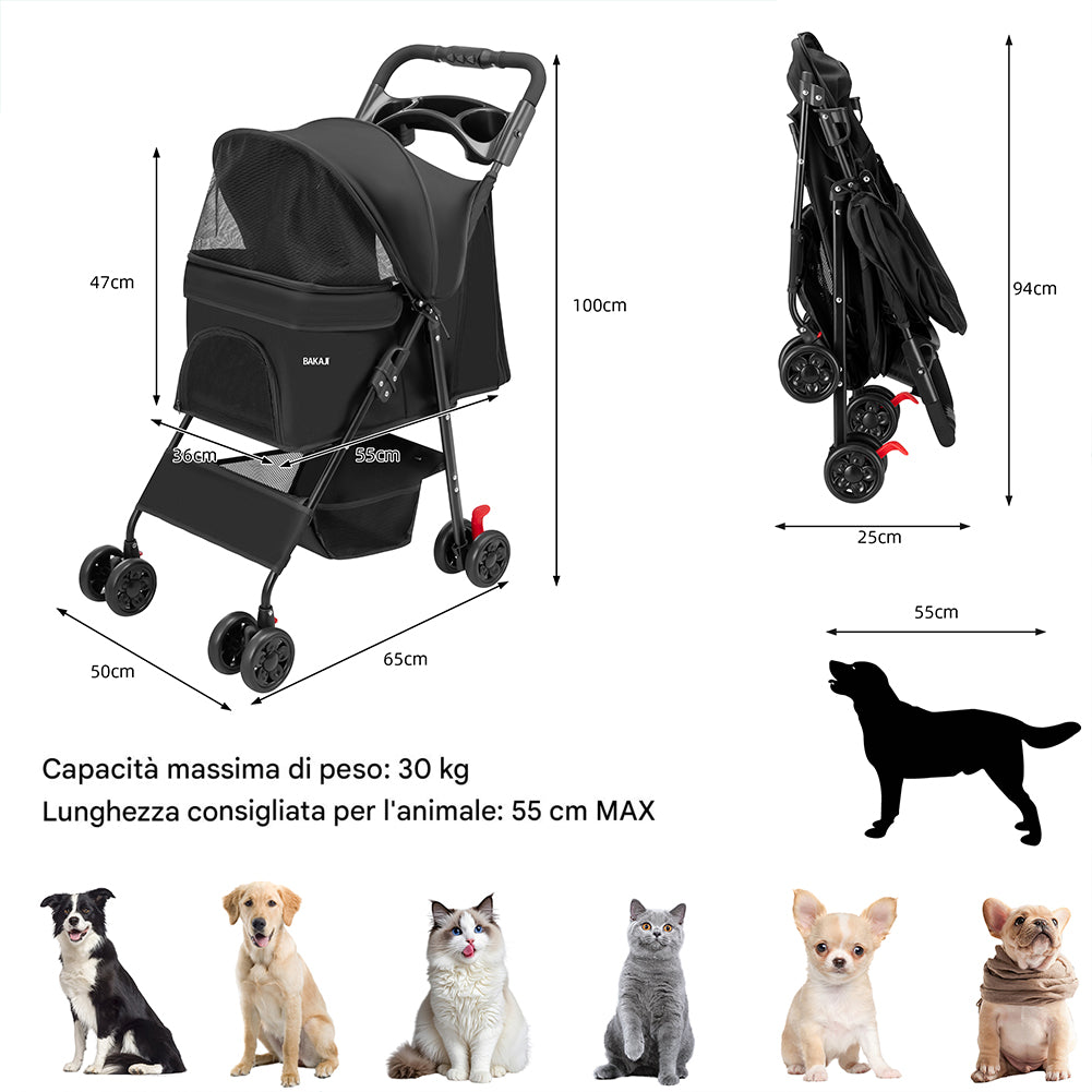 Passeggino per Cani e Gatti Carrozzina Animali Domestici Pieghevole Nero 30Kg