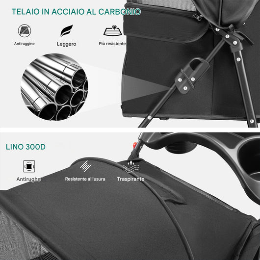 Passeggino per Cani e Gatti Carrozzina Animali Domestici Pieghevole Nero 30Kg