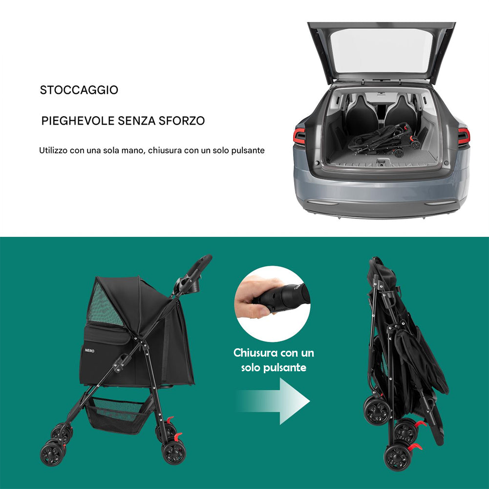 Passeggino per Cani e Gatti Carrozzina Animali Domestici Pieghevole Nero 30Kg