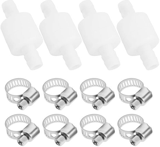 Terminale di ritorno 8mm - Tipo inline - Prevenzione della ritorno - 4 pezzi - In plastica - Inclusi guarnizioni - Terminale di scarico