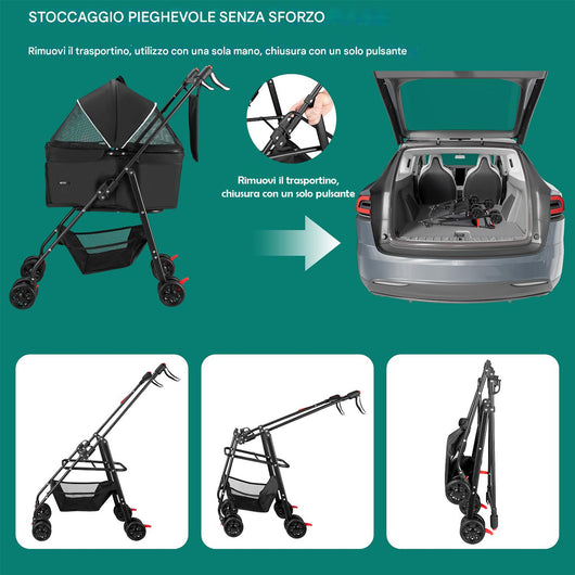 Passeggino per Animali Domestici Cestello Rimovibile Carrozzina Cani Gatti Nero