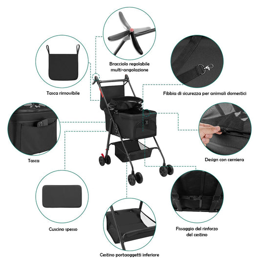Passeggino per Animali Domestici Cestello Rimovibile Carrozzina Cani Gatti Nero