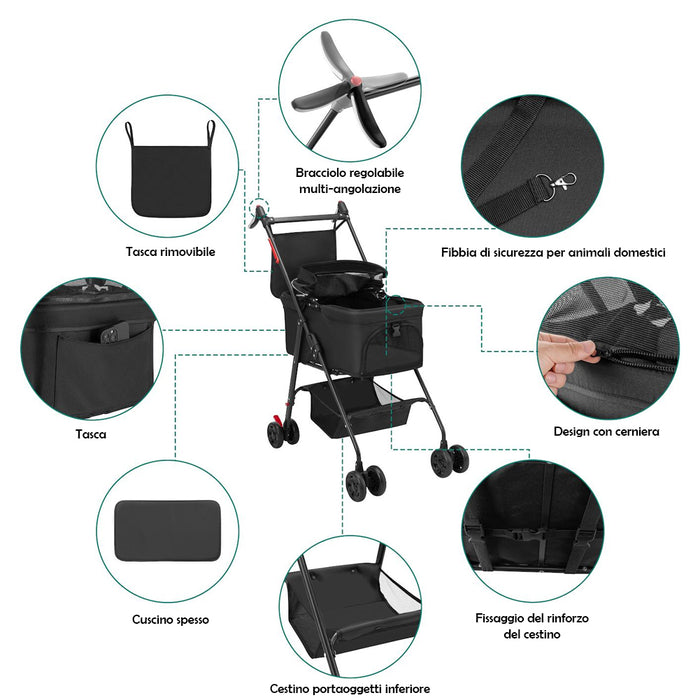 Passeggino per Animali Domestici Cestello Rimovibile Carrozzina Cani Gatti Nero