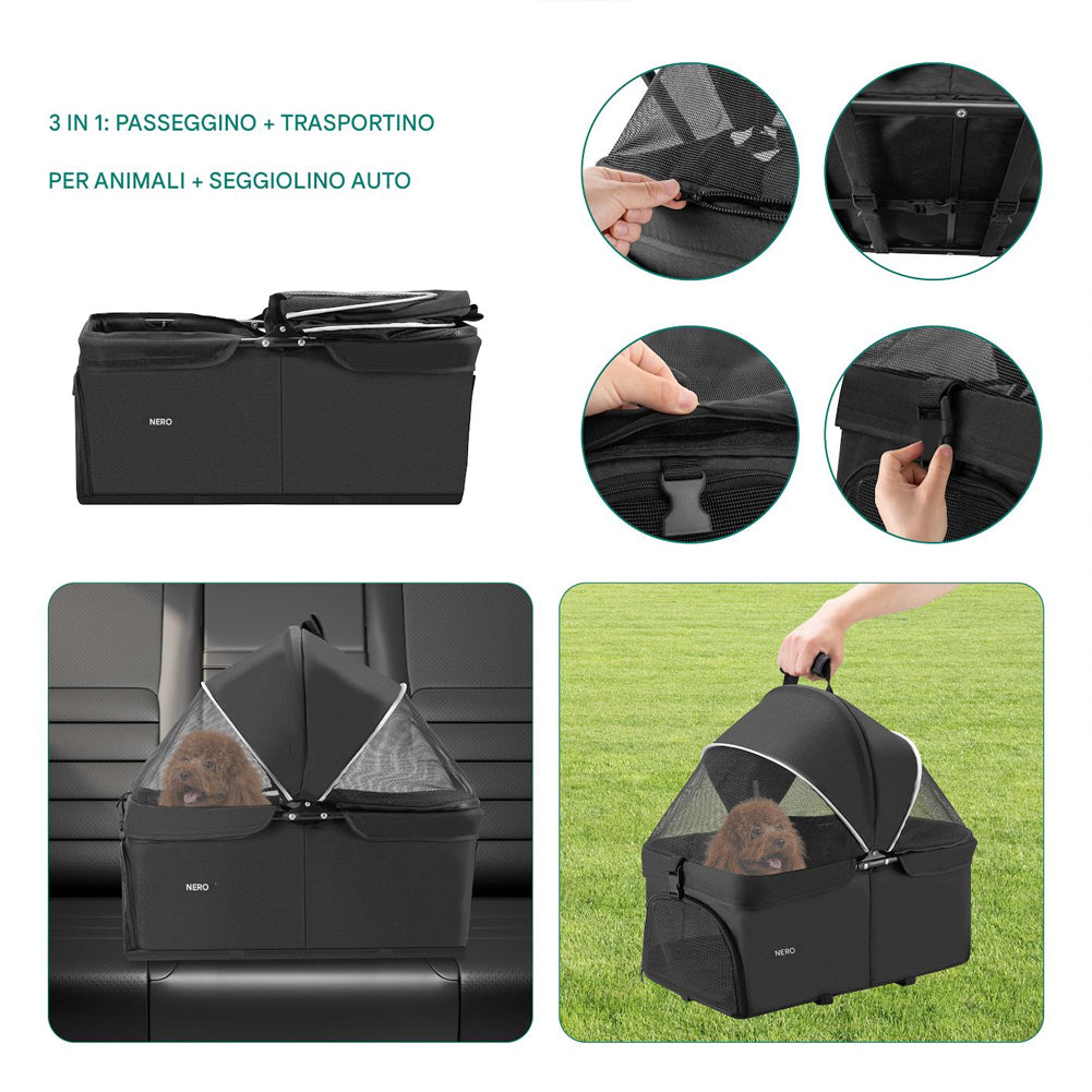 Passeggino per Animali Domestici Cestello Rimovibile Carrozzina Cani Gatti Nero