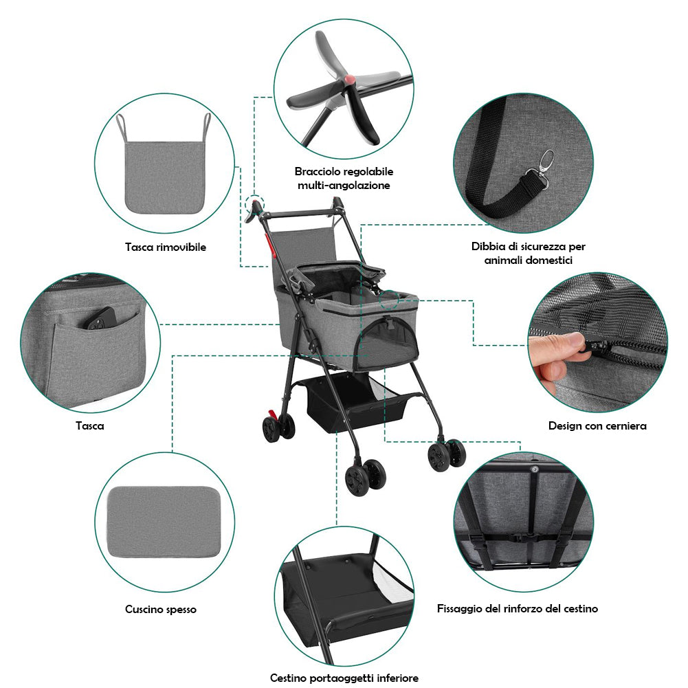 Passeggino per Animali Domestici Cestello Rimovibile Carrozzina Cani Gatti Grigio
