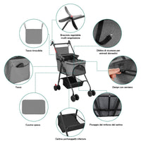 Passeggino per Animali Domestici Cestello Rimovibile Carrozzina Cani Gatti Grigio