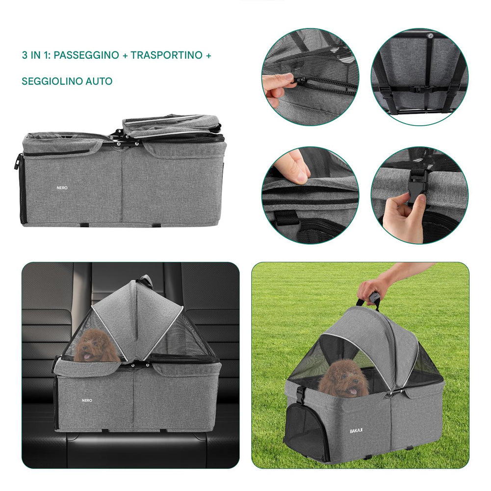 Passeggino per Animali Domestici Cestello Rimovibile Carrozzina Cani Gatti Grigio
