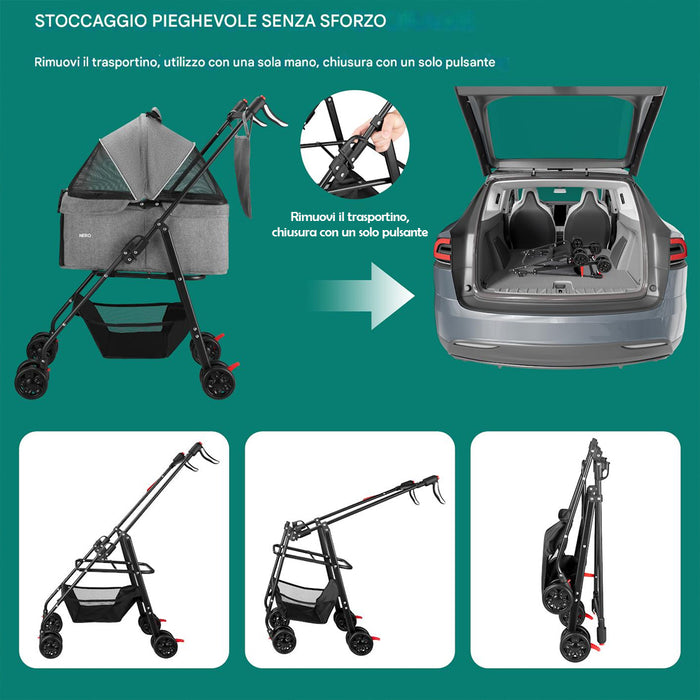 Passeggino per Animali Domestici Cestello Rimovibile Carrozzina Cani Gatti Grigio