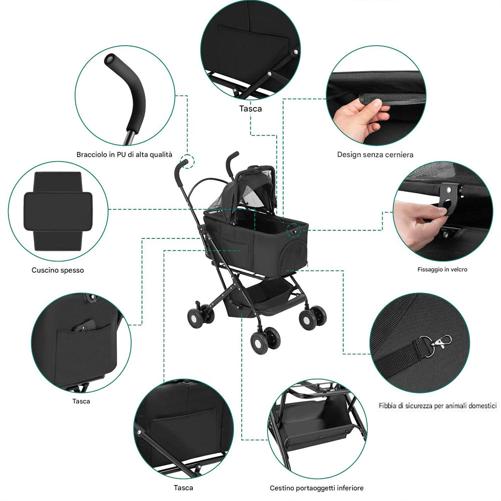 Passeggino per Cani e Gatti con Traportino Rimovibile per Animali Domestici Nero