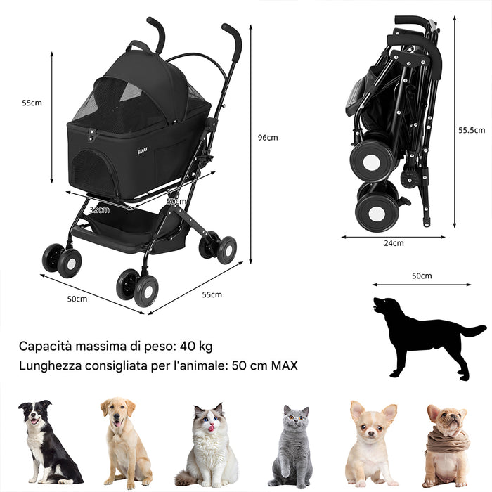 Passeggino per Cani e Gatti con Traportino Rimovibile per Animali Domestici Nero