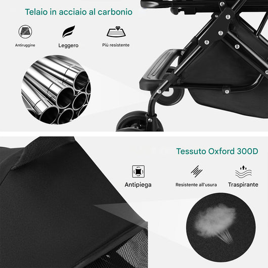 Passeggino per Cani e Gatti con Traportino Rimovibile per Animali Domestici Nero