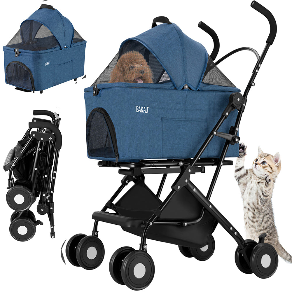Passeggino per Cani e Gatti con Traportino Rimovibile per Animali Domestici Blu