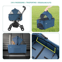 Passeggino per Cani e Gatti con Traportino Rimovibile per Animali Domestici Blu