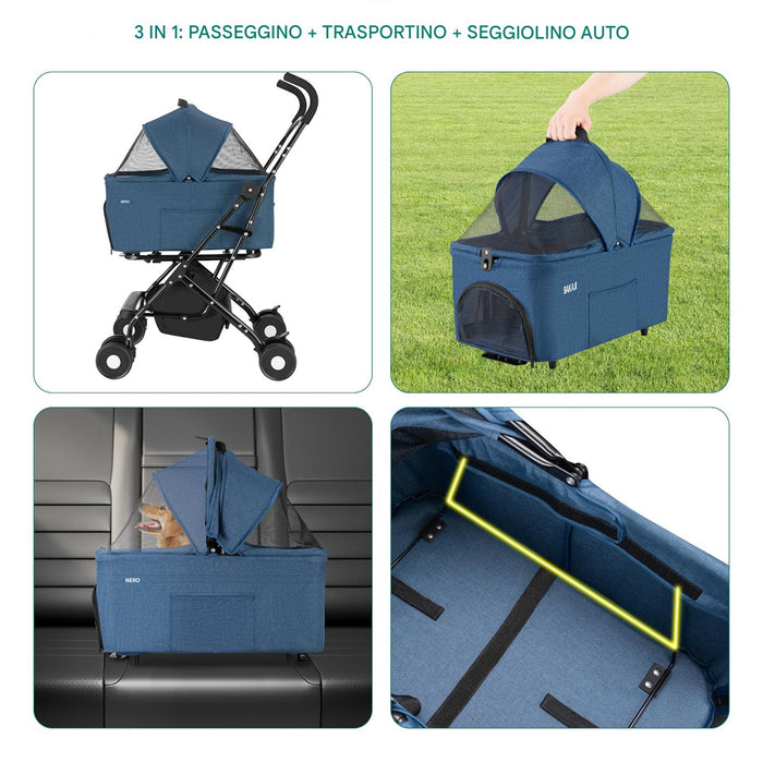 Passeggino per Cani e Gatti con Traportino Rimovibile per Animali Domestici Blu