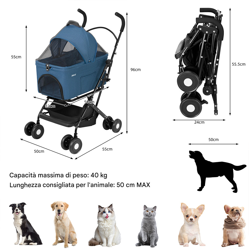 Passeggino per Cani e Gatti con Traportino Rimovibile per Animali Domestici Blu