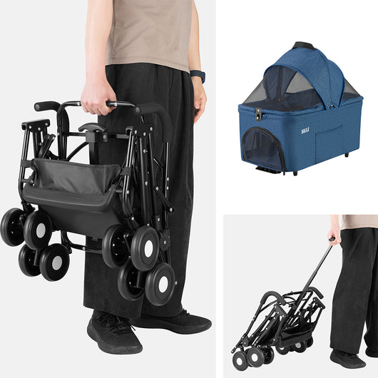 Passeggino per Cani e Gatti con Traportino Rimovibile per Animali Domestici Blu