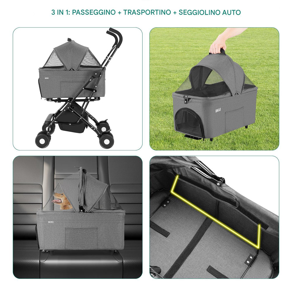 Passeggino per Cani e Gatti Traportino Rimovibile per Animali Domestici Grigio