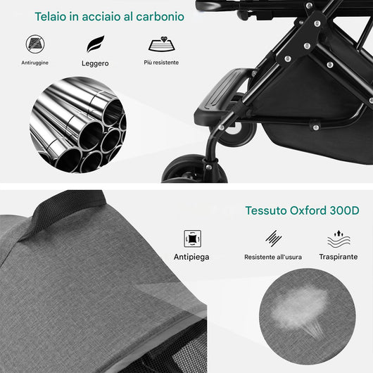 Passeggino per Cani e Gatti Traportino Rimovibile per Animali Domestici Grigio