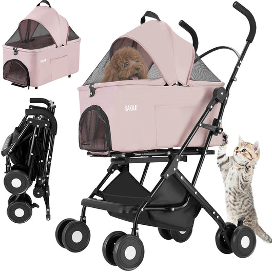 Passeggino per Cani e Gatti con Traportino Rimovibile per Animali Domestici Rosa
