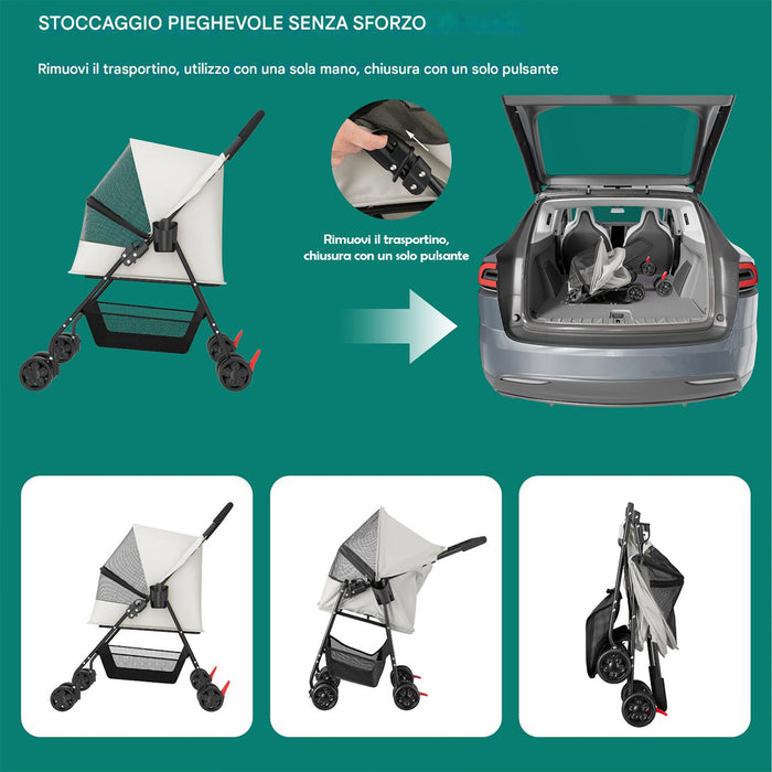 Passeggino Pieghevole per Cani e Gatti con Cappottina Max 15kg Animali Domestici  Grigio