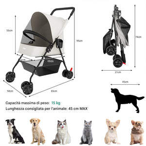 Passeggino Pieghevole per Cani e Gatti con Cappottina Max 15kg Animali Domestici  Grigio
