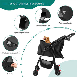 Passeggino Pieghevole per Cani e Gatti Taglia Media-Grande fino a 30kg  Nero