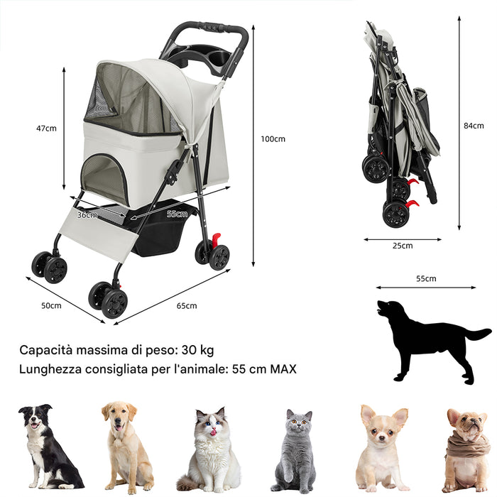 Passeggino Pieghevole per Cani e Gatti Taglia Media-Grande fino a 30kg Grigio