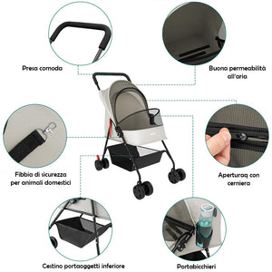 Passeggino Pieghevole per Cani e Gatti con Cappottina Max 15kg Animali Domestici  Grigio