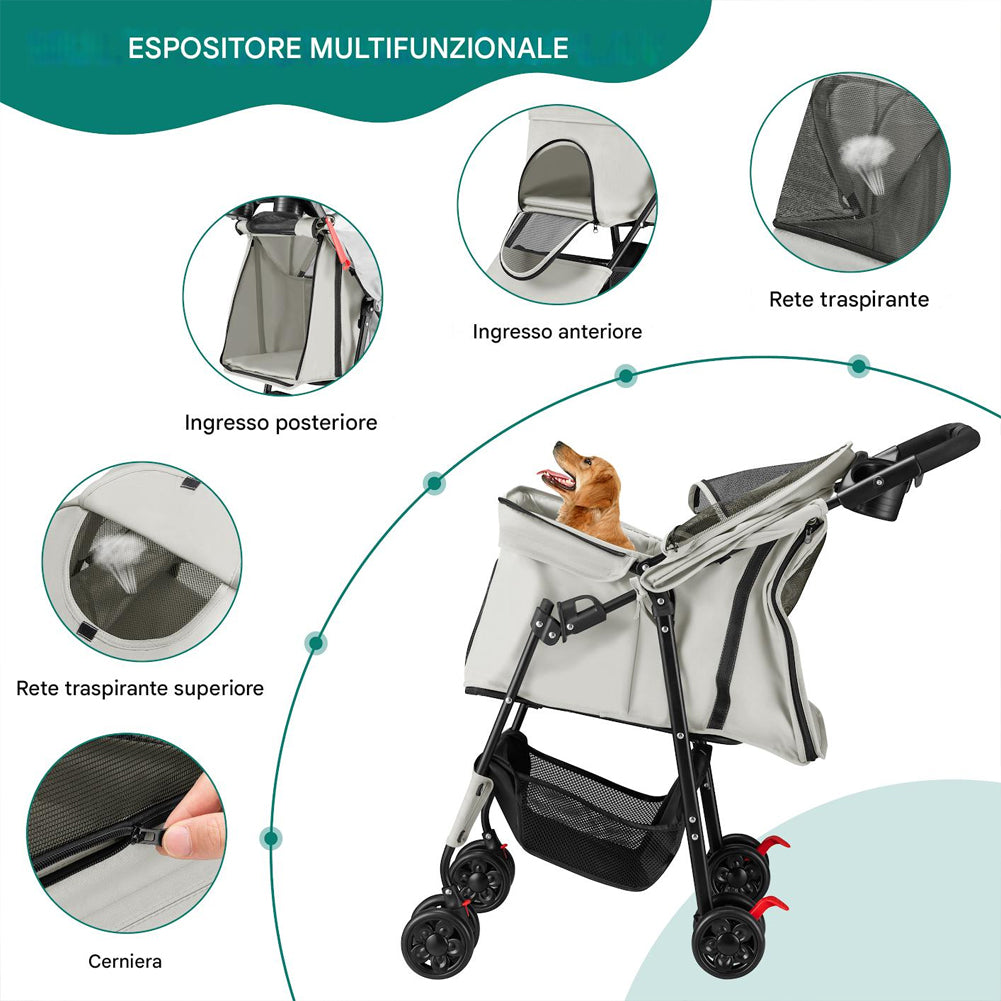 Passeggino Pieghevole per Cani e Gatti Taglia Media-Grande fino a 30kg Grigio