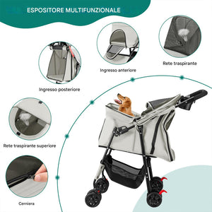 Passeggino Pieghevole per Cani e Gatti Taglia Media-Grande fino a 30kg Grigio