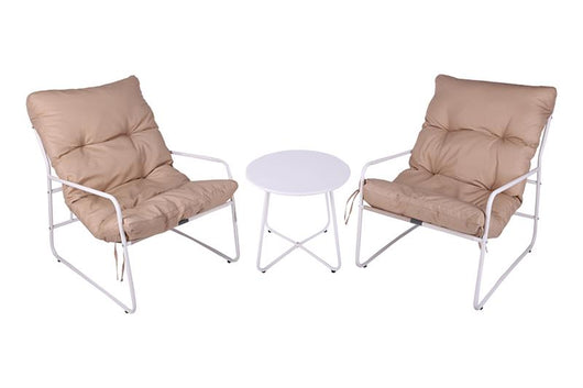 SET DI DUE POLTRONE 65X86X86 DI COLORE BEIGE CON STRUTTURA IN METALLO E CUSCINO BEIGE + TAVOLINO BIANCO IN METALLO 40X50 CM