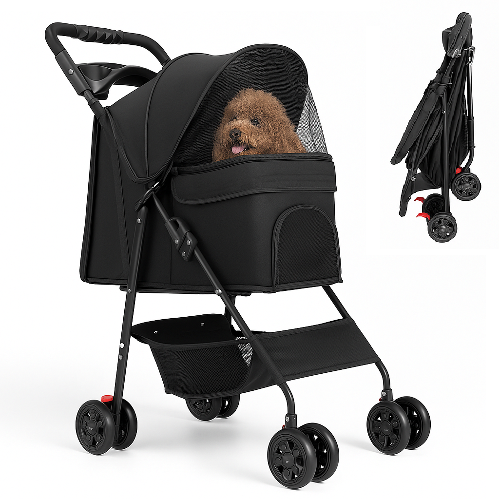 Passeggino Pieghevole per Cani e Gatti Taglia Media-Grande fino a 30kg  Nero