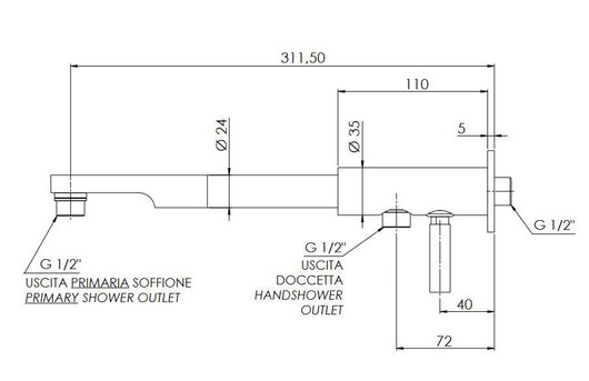 Braccio Doccia Minimal Ottone con Deviatore Cromo Lucido - REMER Rubinetterie