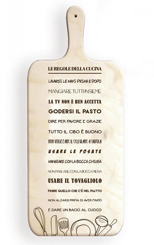 TAGLIERE DA CUCINA BIANCO IN MISURA 15X37 CM CON TEMA E SCRITTA LE REGOLE DELLA CUCINA COLOR LEGNO