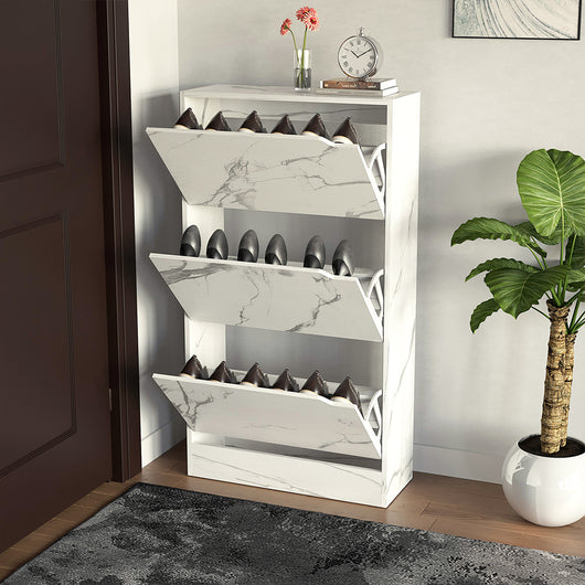 Scarpiera 3 Ante Ripiani Doppia Profondità Porta Scarpe Bianco Marmo 63x24x115cm