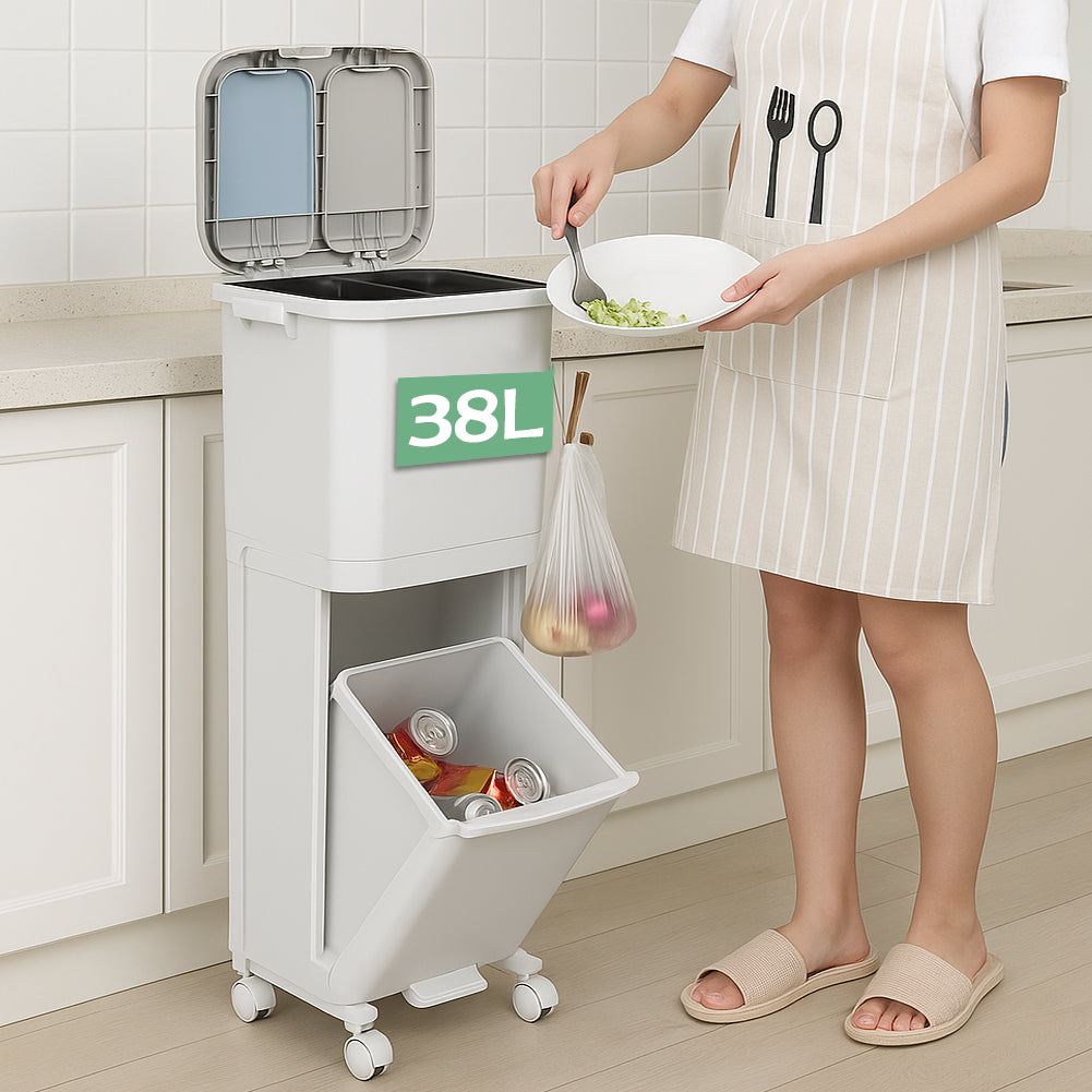 Pattumiera da Cucina Doppio Bidone 38 L Secchio con Separazione Rifiuti e Ruote