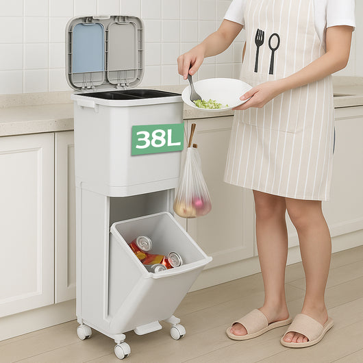 Pattumiera da Cucina Doppio Bidone 38 L Secchio con Separazione Rifiuti e Ruote