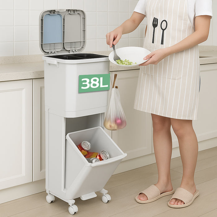 Pattumiera da Cucina Doppio Bidone 38 L Secchio con Separazione Rifiuti e Ruote