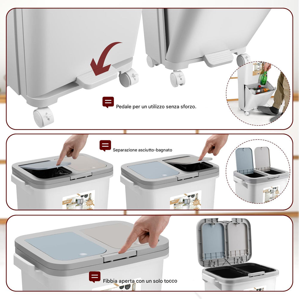 Pattumiera da Cucina Doppio Bidone 38 L Secchio con Separazione Rifiuti e Ruote
