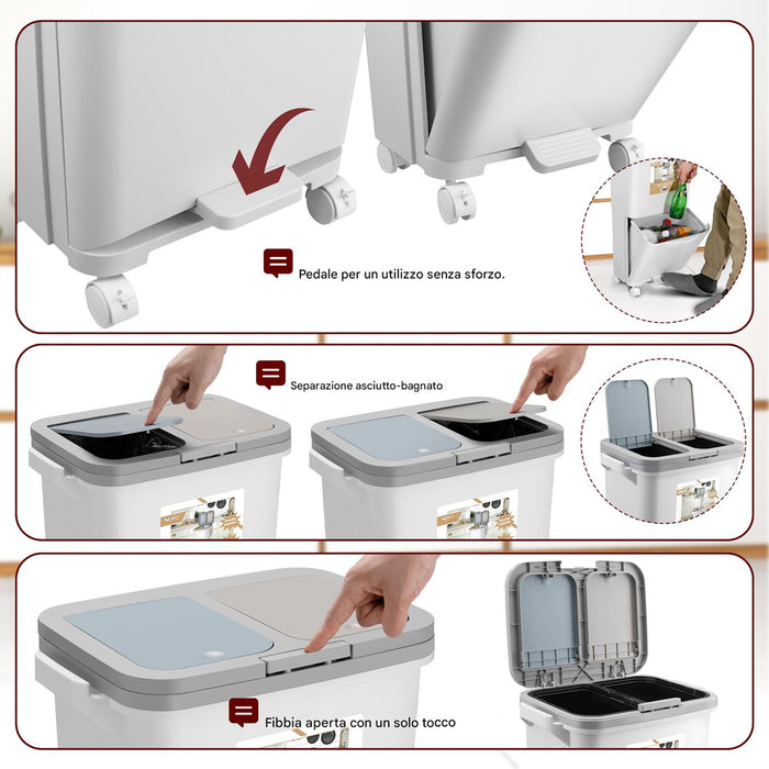 Pattumiera da Cucina Doppio Bidone 38 L Secchio con Separazione Rifiuti e Ruote