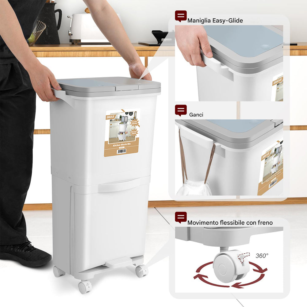 Pattumiera da Cucina Doppio Bidone 38 L Secchio con Separazione Rifiuti e Ruote