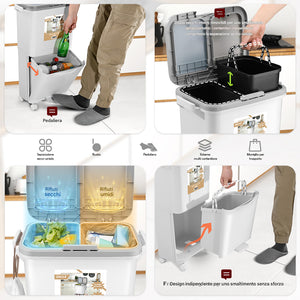 Pattumiera da Cucina Doppio Bidone 38 L Secchio con Separazione Rifiuti e Ruote