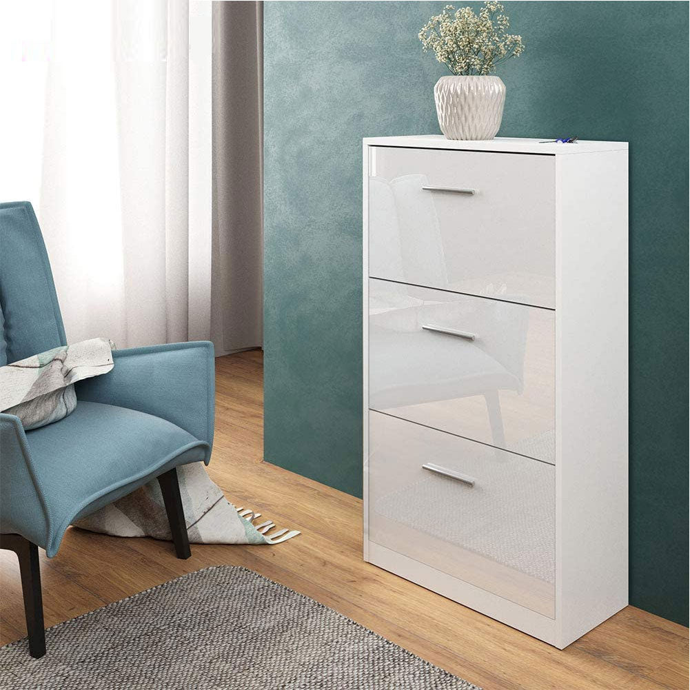 Scarpiera 3Ante Doppia Profondità Salvaspazio Bianco Lucido 63x24H150cm Legno mdf