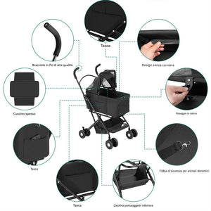 Passeggino Cani e Gatti 2in1 Trasportino Rimovibile e Struttura Pieghevole Robusta Nero