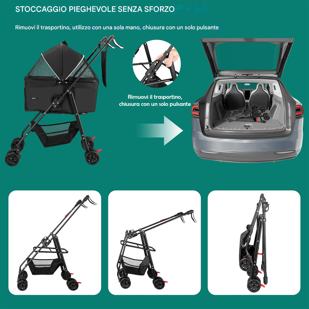 Passeggino per Cani Gatti 2in1 Cestello Rimovibile Pieghevole e Traspirante Nero