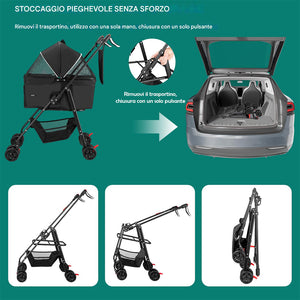 Passeggino per Cani Gatti 2in1 Cestello Rimovibile Pieghevole e Traspirante Nero