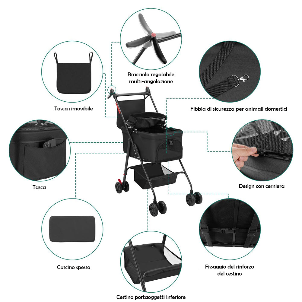 Passeggino per Cani Gatti 2in1 Cestello Rimovibile Pieghevole e Traspirante Nero