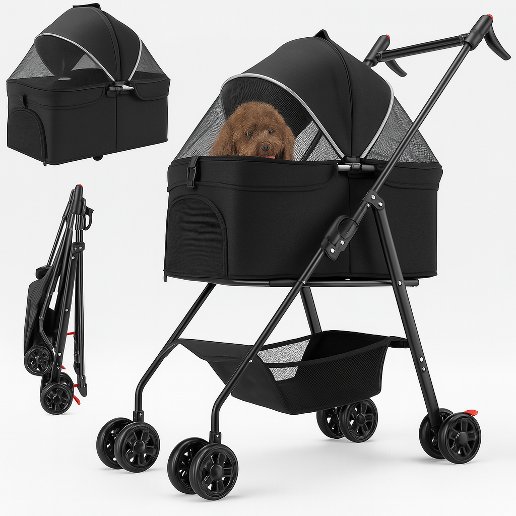 Passeggino per Cani Gatti 2in1 Cestello Rimovibile Pieghevole e Traspirante Nero